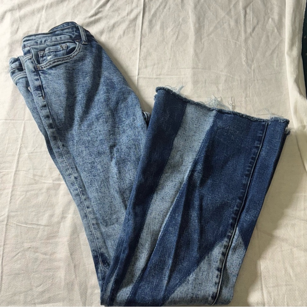 Flying Monkey Two Tone Chevron Flare Jeans Y2K Colorblock Raw Hem 28 - Picture 12 of 14